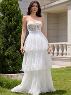 White Strapless Corset Tiered Lace Wedding Dress with Sash