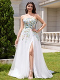 Fairy White A Line Strapless 3D Flowers Wedding Dress with Slit