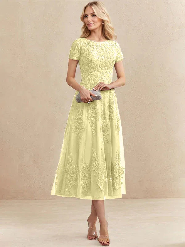 Robe de mère de la mariée A-line en tulle et dentelle, col arrondi, longueur thé