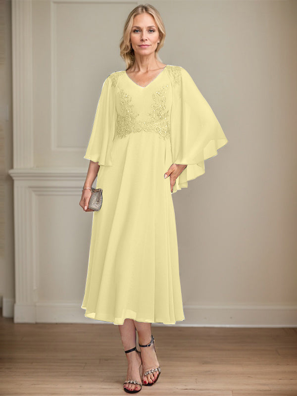 A-Linien-Brautmutterkleid aus Chiffon, V-Ausschnitt, tea-length mit Spitze, Pailletten und Perlen