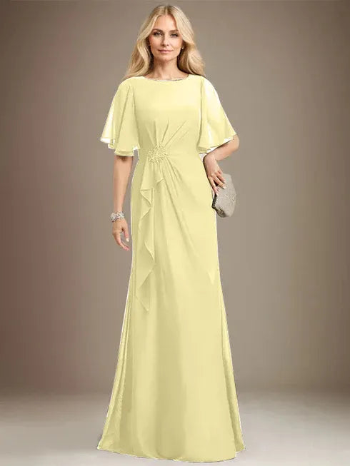 A-Linien Rundhals bodenlanges Chiffon Mutter der Braut Kleid mit kaskadierenden Rüschen Perlen Pailletten