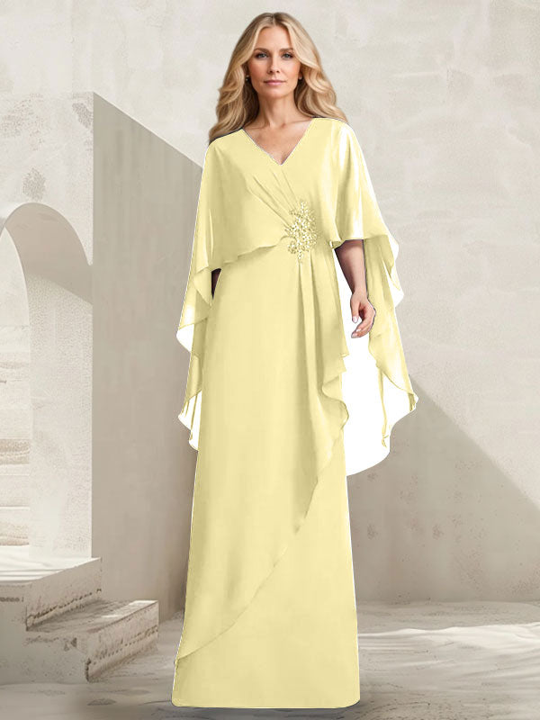 Robe mère de la mariée longue en chiffon coupe trapèze à col en V avec volants en cascade et perles