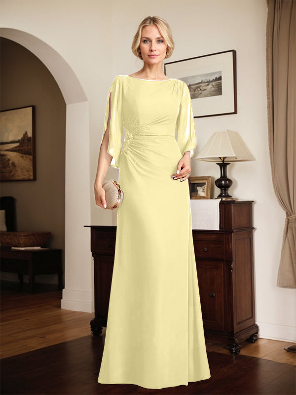 Etuikleid/Säule Rundhals bodenlanges Chiffon Kleid der Brautmutter mit plissierten Perlen