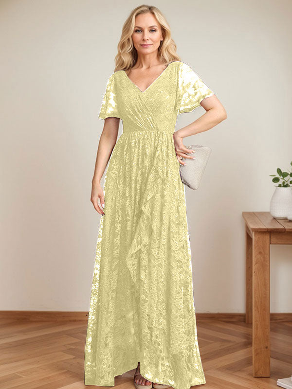 A-Linien Spitzen-Mutter-der-Braut-Kleid mit V-Ausschnitt, asymmetrisch und mit kaskadierenden Rüschen