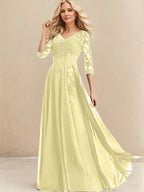 A-Linien V-Ausschnitt Bodenlanges Spitzen-Chiffon Kleid für die Brautmutter mit Pailletten