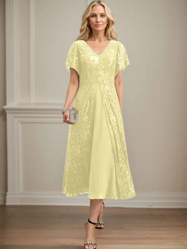 Robe mère de la mariée ligne A en dentelle et mousseline à col en V longueur thé