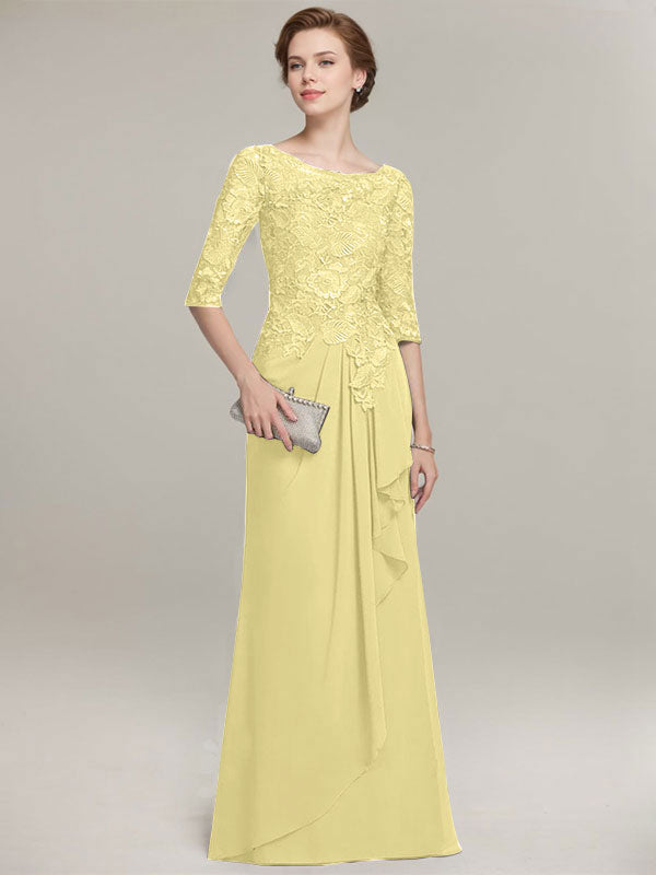 A-Linien Rundhalsausschnitt Illusions bodenlanges Spitzen-Chiffon Mutter der Braut Kleid mit kaskadierenden Rüschen