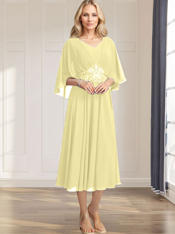 Robe de mère de la mariée en mousseline, longueur thé, col en V, en ligne A, avec appliques plissées, sequins, dentelle et perles