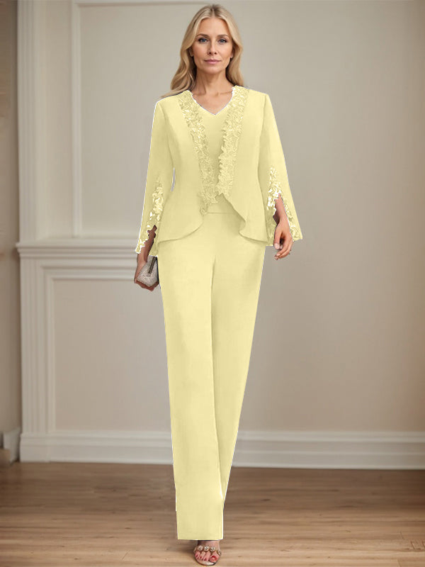 Zweiteiler Jumpsuit/Hosenanzug V-Ausschnitt bodenlanges Chiffon Mutter der Braut Kleid