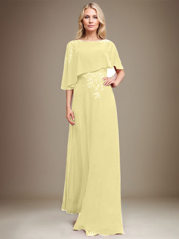 A-Linie Rundhals Bodenlanges Chiffon-Spitzenkleid für die Brautmutter mit Pailletten und Perlen