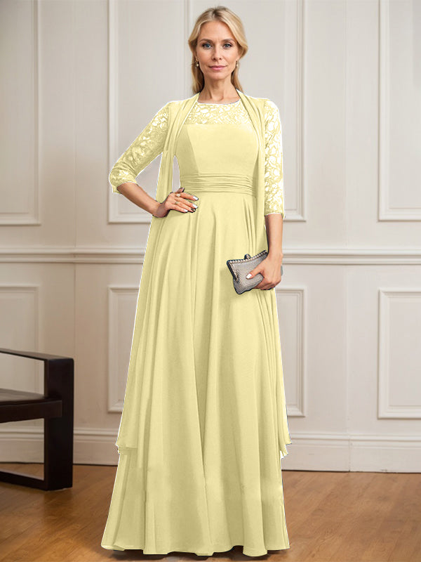 A-Linien Kleid mit Rundhalsausschnitt, Illusion, bodenlang aus Spitze und Chiffon, Mutter-der-Braut-Kleid mit Faltenwurf