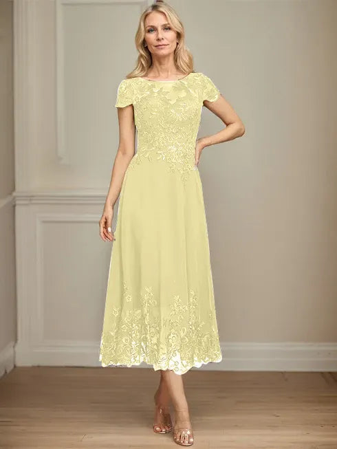 A-Linien Illusions Rundhals tea-langes Spitzenchiffon Mutter der Braut Kleid mit Pailletten