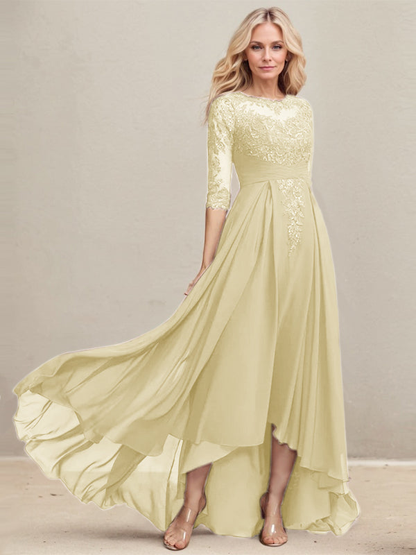 A-Linien Ausschnitt Illusions Asymmetrisches Spitzen-Chiffon Kleid für die Mutter der Braut mit plissierten Pailletten
