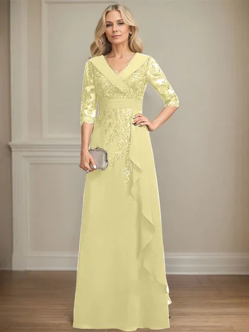 A-Linien Kleid mit Kragen, V-Ausschnitt, bodenlang, aus Spitze und Chiffon, Mutter der Braut Kleid mit Pailletten und fallenden Rüschen
