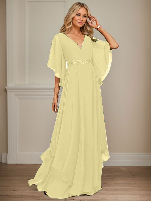 A-Linien V-Ausschnitt bodenlanges Chiffon-Mutter-der-Braut-Kleid mit Pailletten-Applikationen, Spitze und Perlen