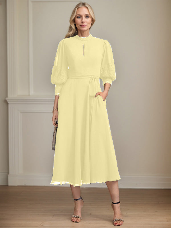 A-Linien Kleid mit hohem Kragen, tea-länge, Spitze und Chiffon, Brautmutterkleid mit Schleife