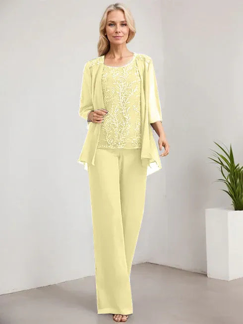 Zweiteiler Jumpsuit/Hosenanzug U-Ausschnitt bodenlanges Spitzen Chiffon Mutter der Braut Kleid mit Pailletten