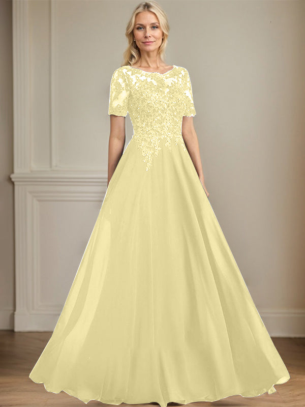 A-Linien Rundhals Illusions-Bodenlanges Chiffon-Spitzenkleid für die Mutter der Braut mit Pailletten und Perlen