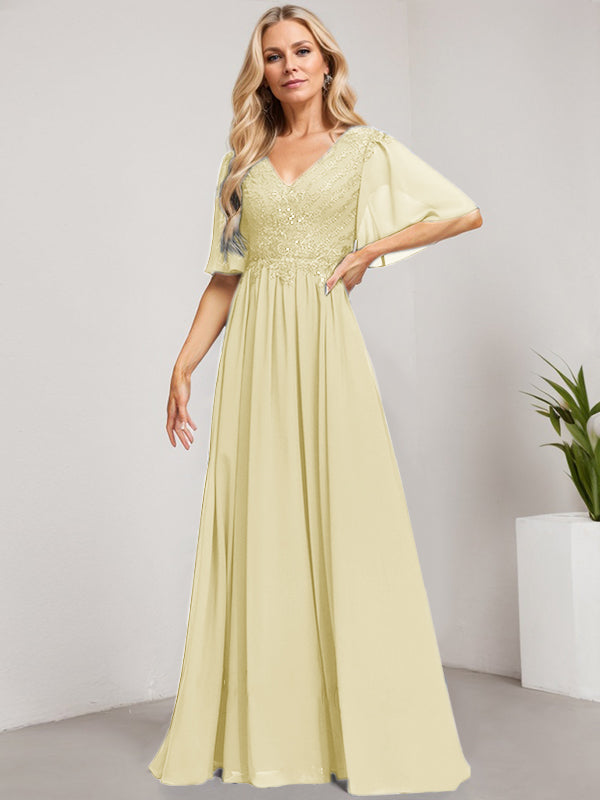 Robe mère de la mariée ligne A col en V longue en dentelle et chiffon avec sequins