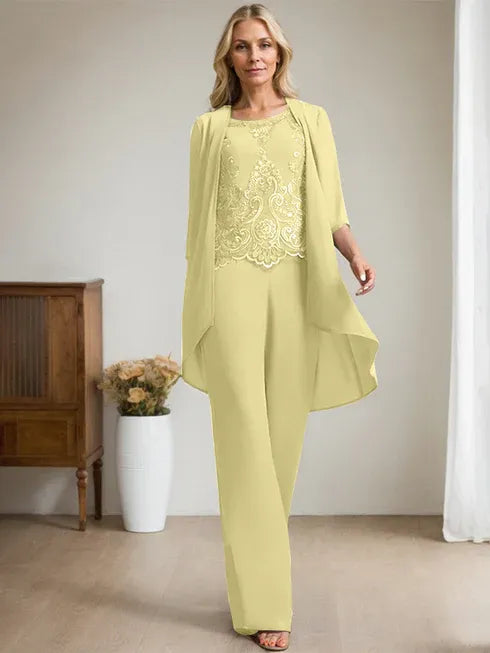 Zweiteiler Jumpsuit/Hosenanzug mit Rundhalsausschnitt, bodenlanges Chiffon-Spitzenkleid für die Mutter der Braut mit Perlen und Pailletten