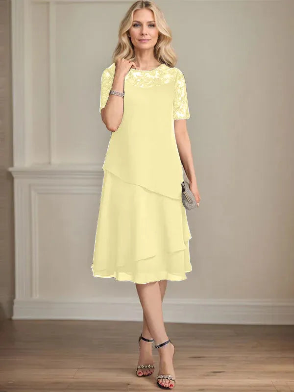 A-Linien Rundhals Illusions-Knie-Länge Spitzen-Chiffon Kleid für die Brautmutter mit Pailletten