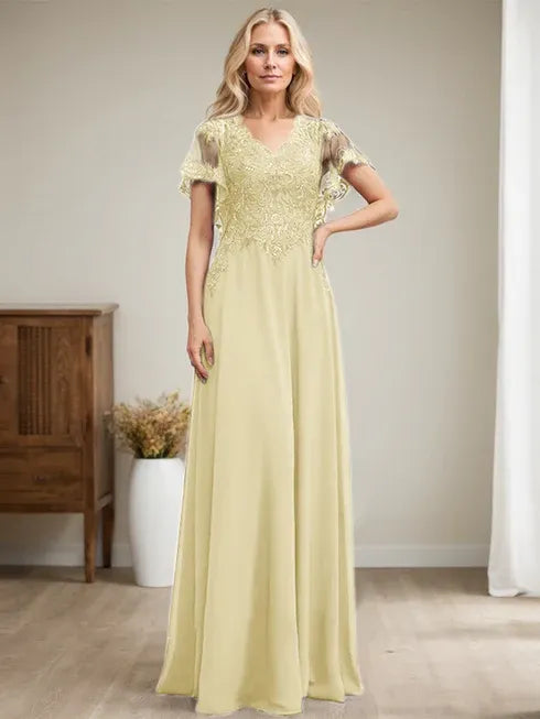 Robe mère de la mariée ligne A col en V longue en dentelle et chiffon avec sequins