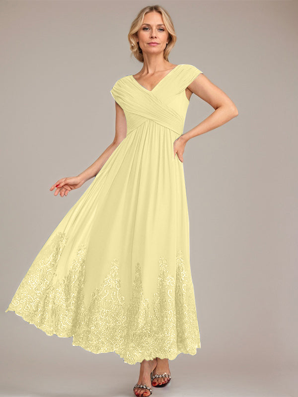 A-Linien V-Ausschnitt Knöchellanges Chiffon Kleid der Brautmutter mit Applikationen und Pailletten