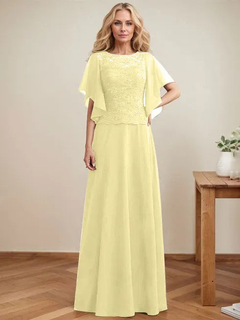 A-Linien Rundhals Illusions-Bodenlanges Spitzen-Chiffon Mutter-der-Braut-Kleid mit Pailletten