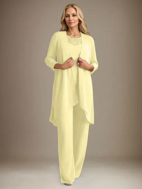 Chiffon Kleid mit Rundhalsausschnitt und langen Ärmeln, Mutter-der-Braut Hosenanzug mit Jacke