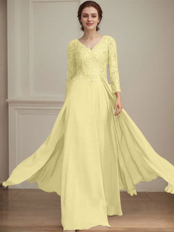 A-Linien V-Ausschnitt Bodenlanges Spitzen-Chiffon Kleid für die Brautmutter mit Pailletten