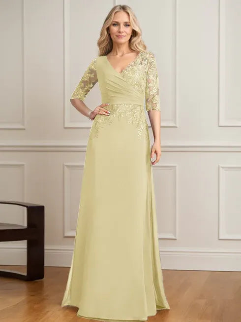 A-Linien V-Ausschnitt bodenlanges Spitzen-Chiffon Kleid der Brautmutter mit plissierten Pailletten