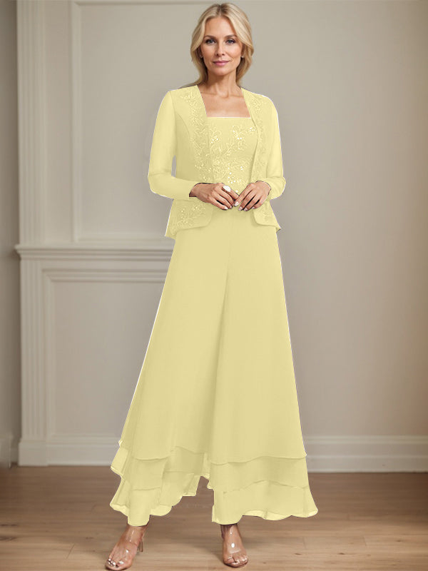 Zweiteiler Jumpsuit/Hosenanzug quadratisch knöchellang Spitze Chiffon Brautmutterkleid mit Pailletten