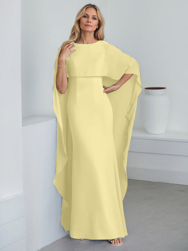 Etui-Kleid mit Rundhalsausschnitt, bodenlang, Chiffon, Mutter-der-Braut-Kleid mit kaskadierenden Rüschen