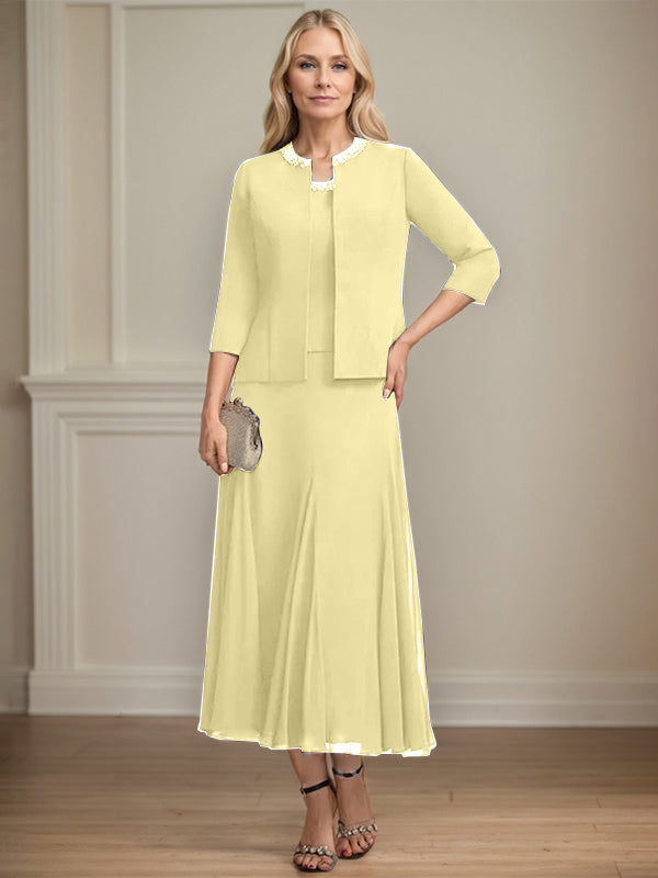 Separates A-Linien Chiffonkleid mit Rundhalsausschnitt, tea-length, Mutter der Braut mit Pailletten und Perlen