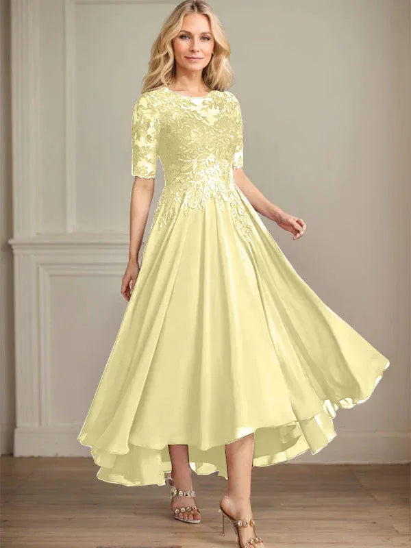 A-Linien Scoop-Ausschnitt Illusion asymmetrisches Chiffon-Spitzen-Mutter-der-Braut-Kleid mit Pailletten