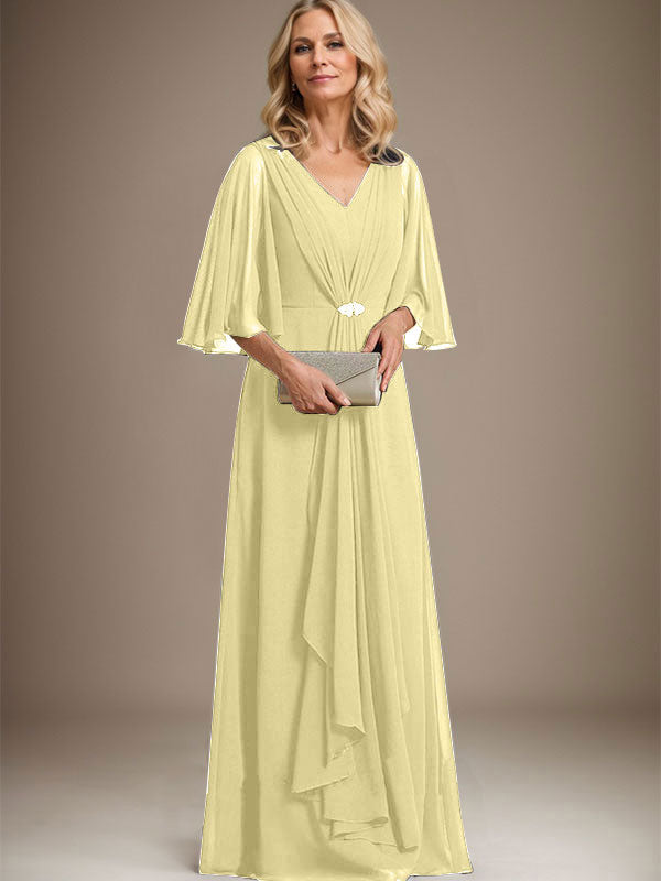 A-Linien V-Ausschnitt Bodenlanges Chiffon Kleid für die Brautmutter mit kaskadierenden Rüschen und Kristallbrosche