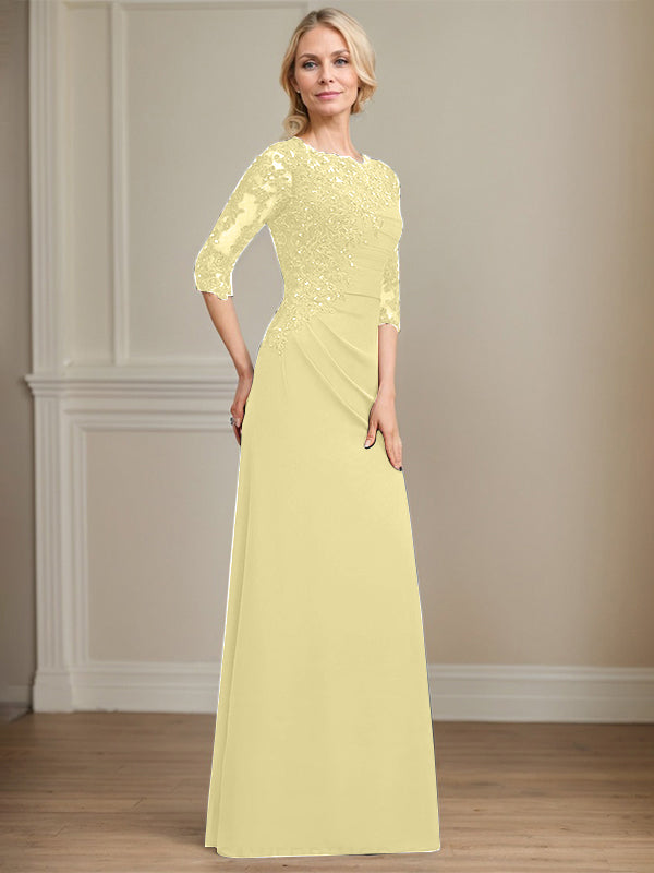 A-Linie Rundhals bodenlanges Chiffon Spitzen Brautmutterkleid mit Perlen Falten Pailletten