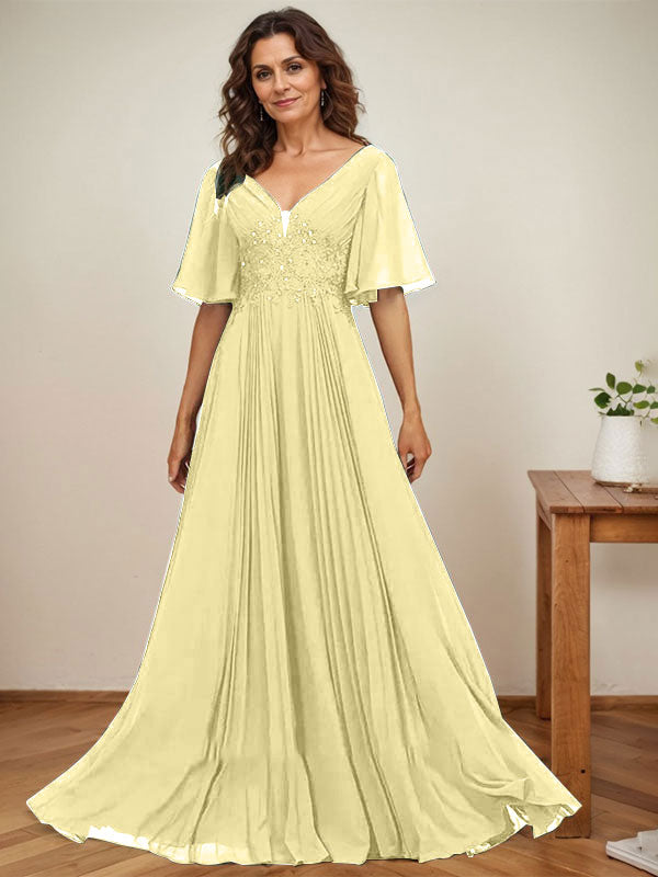 A-Linien V-Ausschnitt bodenlanges Chiffon Mutterkleid der Braut mit Pailletten-Applikationen, Spitze und Falten