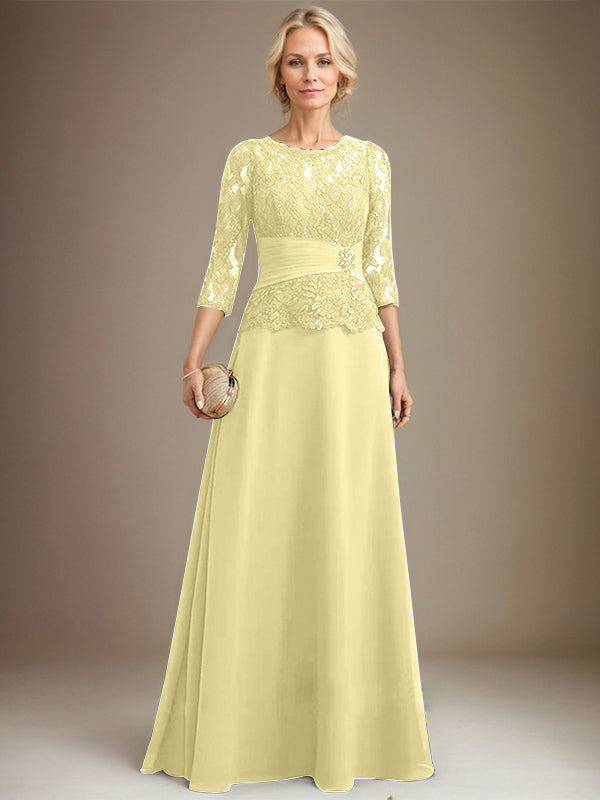 A-Linien Kleid mit Scoop-Ausschnitt, Illusion, bodenlangem Chiffon und Spitze, Mutter-der-Braut-Kleid mit plissierten Pailletten und Perlenbesatz