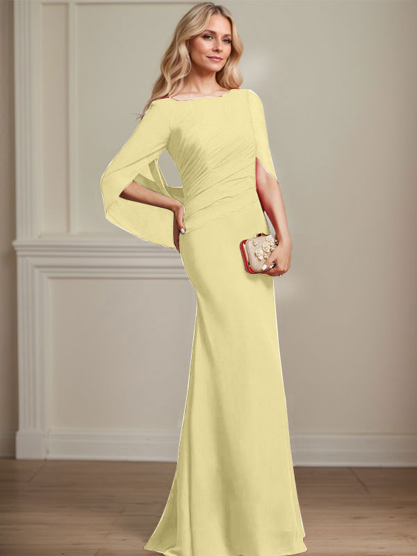 Trompeten-/Meerjungfrauen-Chiffonkleid mit Bootsausschnitt, bodenlang, plissiert, Brautmutterkleid
