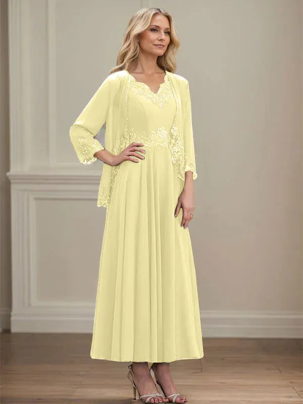 A-Linien Kleid mit V-Ausschnitt, knöchellang, aus Chiffon, Mutter der Braut Kleid mit Pailletten, Applikationen, Spitze und Perlenbesatz
