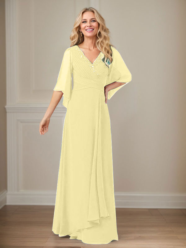 A-Linien V-Ausschnitt langes Pailletten-Chiffon Mutterkleid