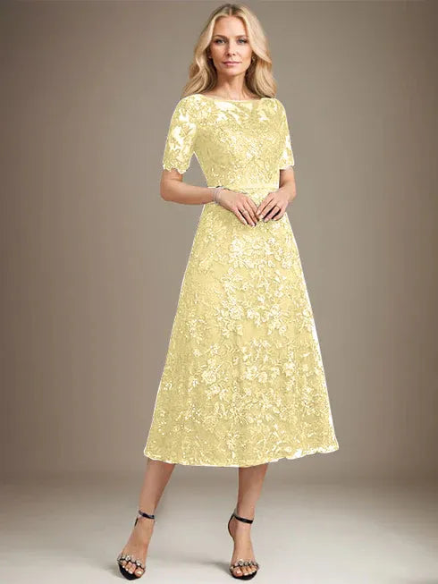 A-Linien Rundhals Illusions-Tea-Length Spitzenkleid der Brautmutter mit Pailletten