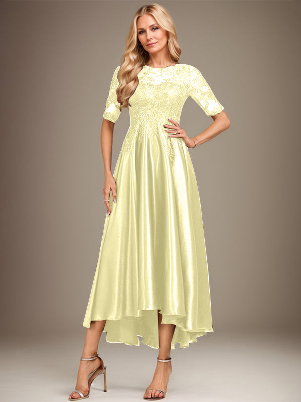 A-Linie Rundhalsausschnitt Illusion Asymmetrisches Stretch-Satin-Spitzen-Brautmutterkleid mit Pailletten