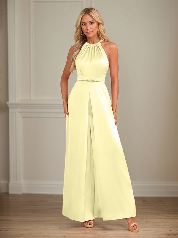 Jumpsuits Neckholder bodenlanges Satin Hochzeitskleid