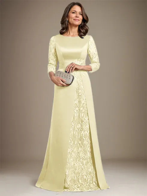 Vestido de madre de la novia largo hasta el suelo con encaje, satén, línea A, escote redondo y aplicaciones