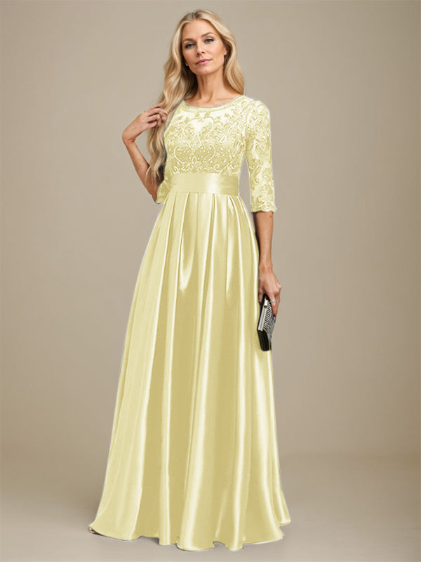 A-Linien Ausschnitt Illusions bodenlanges Stretch-Satin-Spitzenkleid für die Brautmutter mit Schleife und Pailletten
