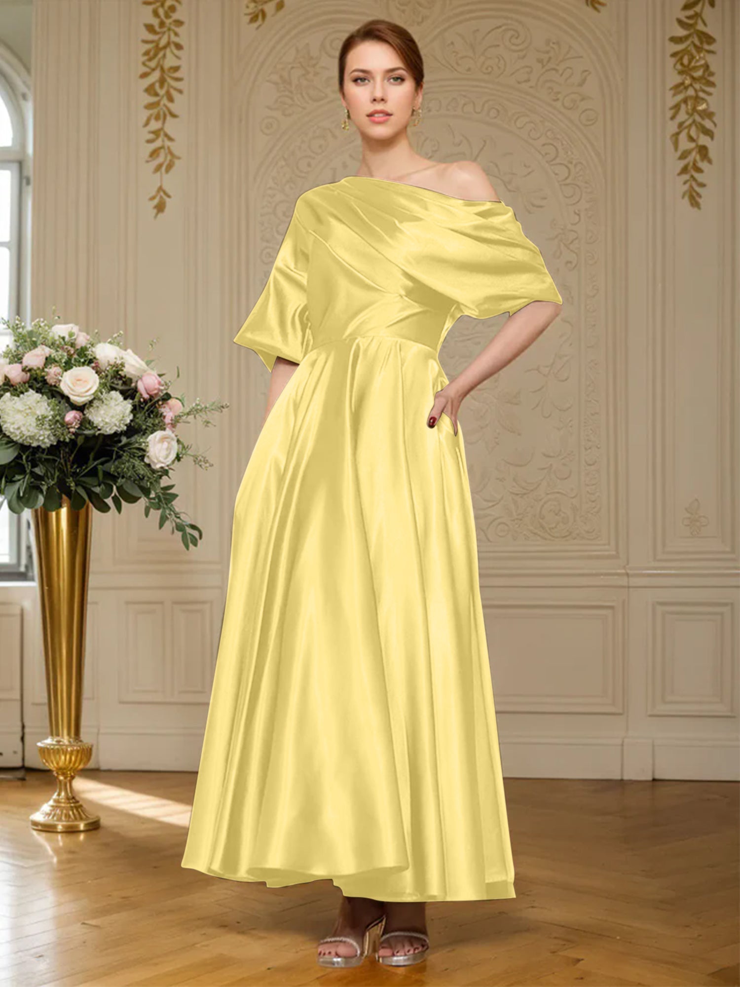 A-Linien Kurzarm plissiertes knöchellanges seidenähnliches Satin Kleid für die Brautmutter