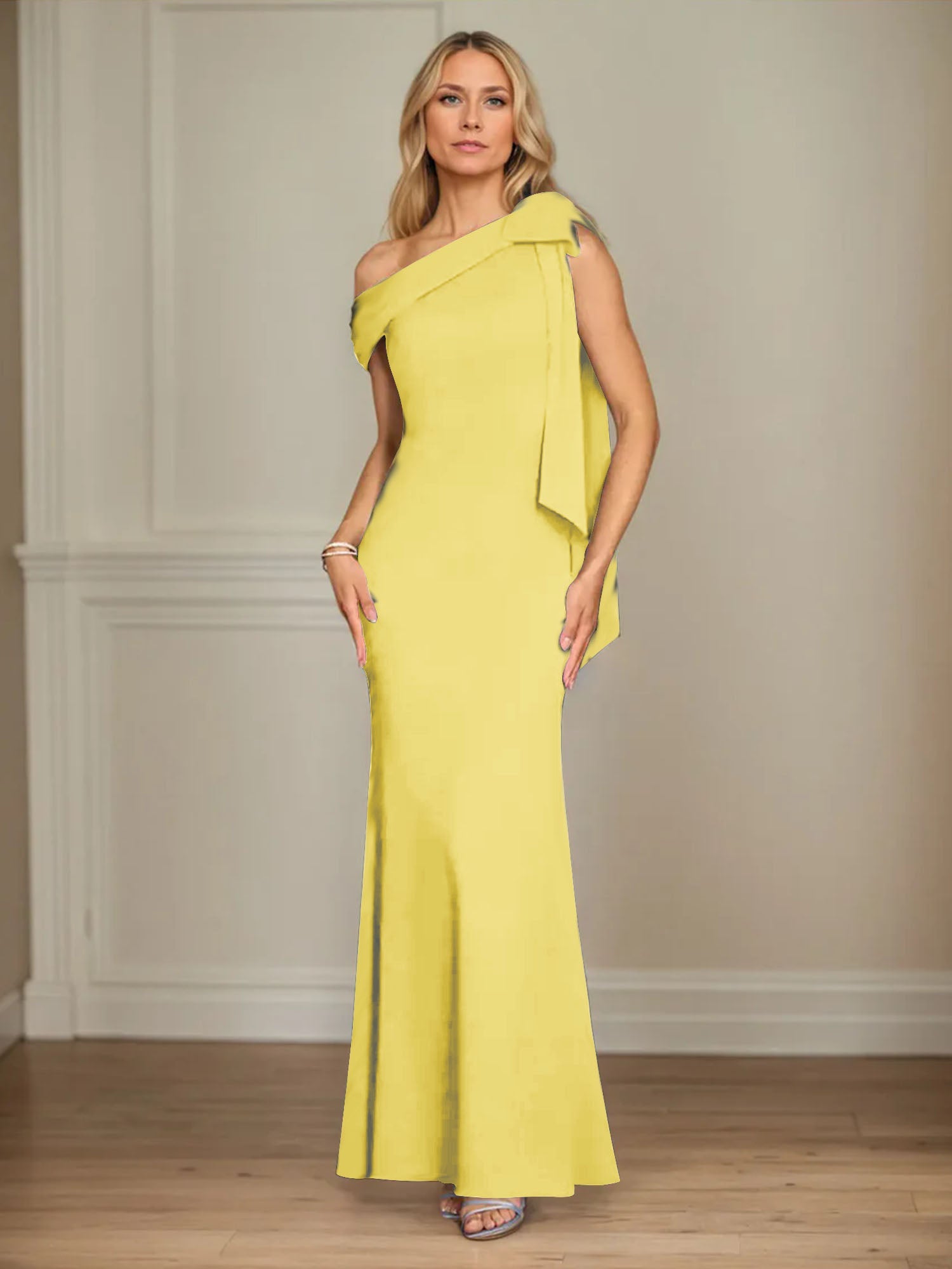 Trumpet/Mermaid Ein-Schulter Ärmelloses Stretch-Crêpe Kleid für die Brautmutter mit Schleife