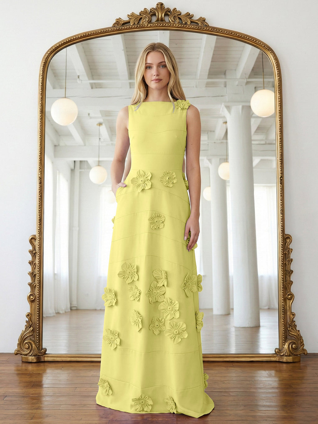 Lavendelfarbenes formelles Kleid mit U-Boot-Ausschnitt und herabfließenden 3D-Blumen